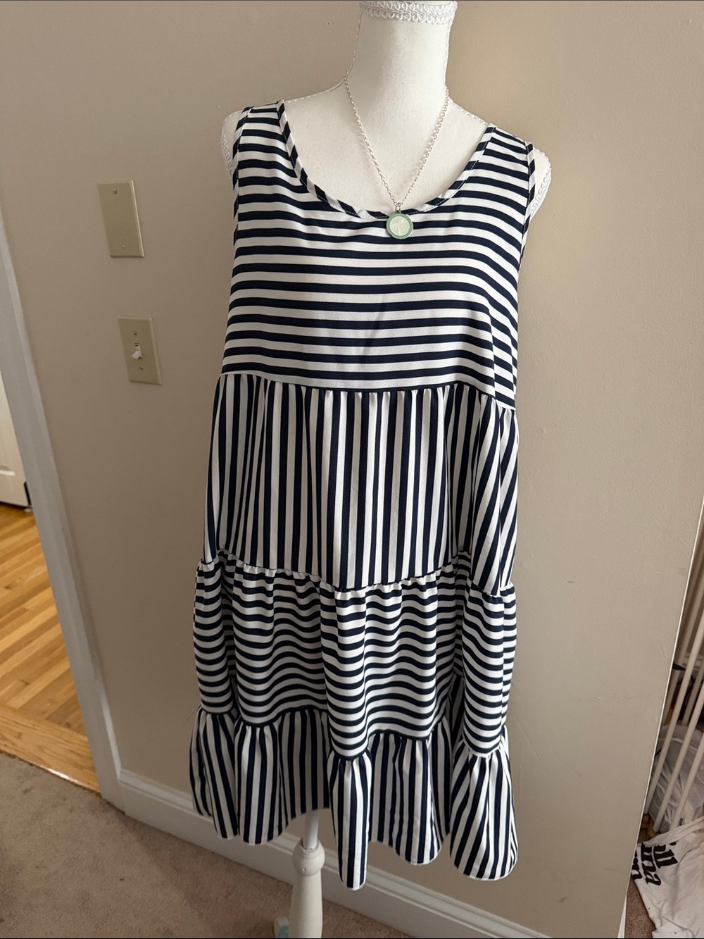 Girls' Navy and White Striped Tiered Dress